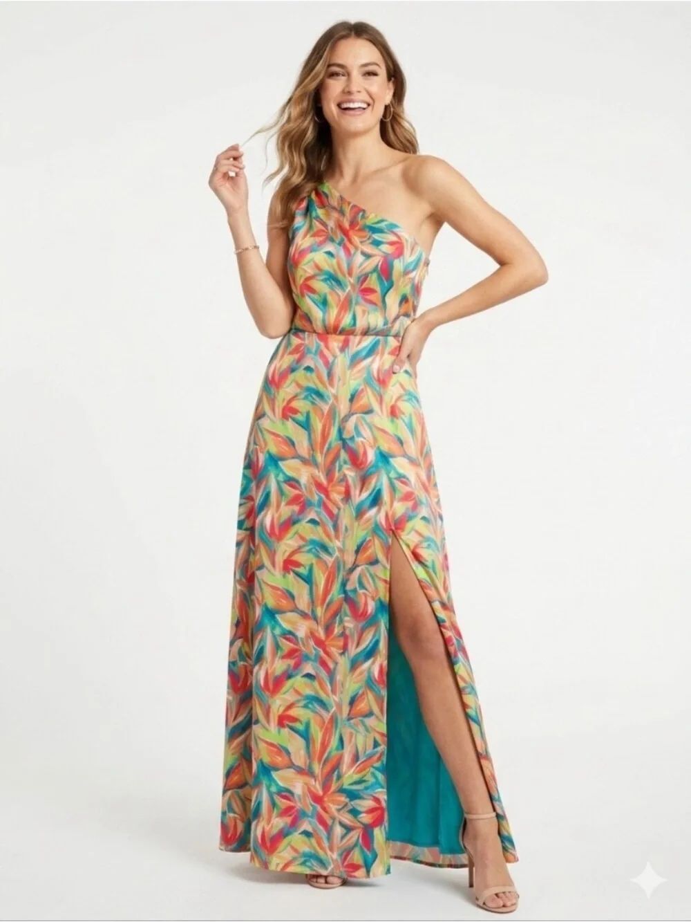 Nicole Miller One-Shoulder Tropical Print Maxi Dress - Multicolor